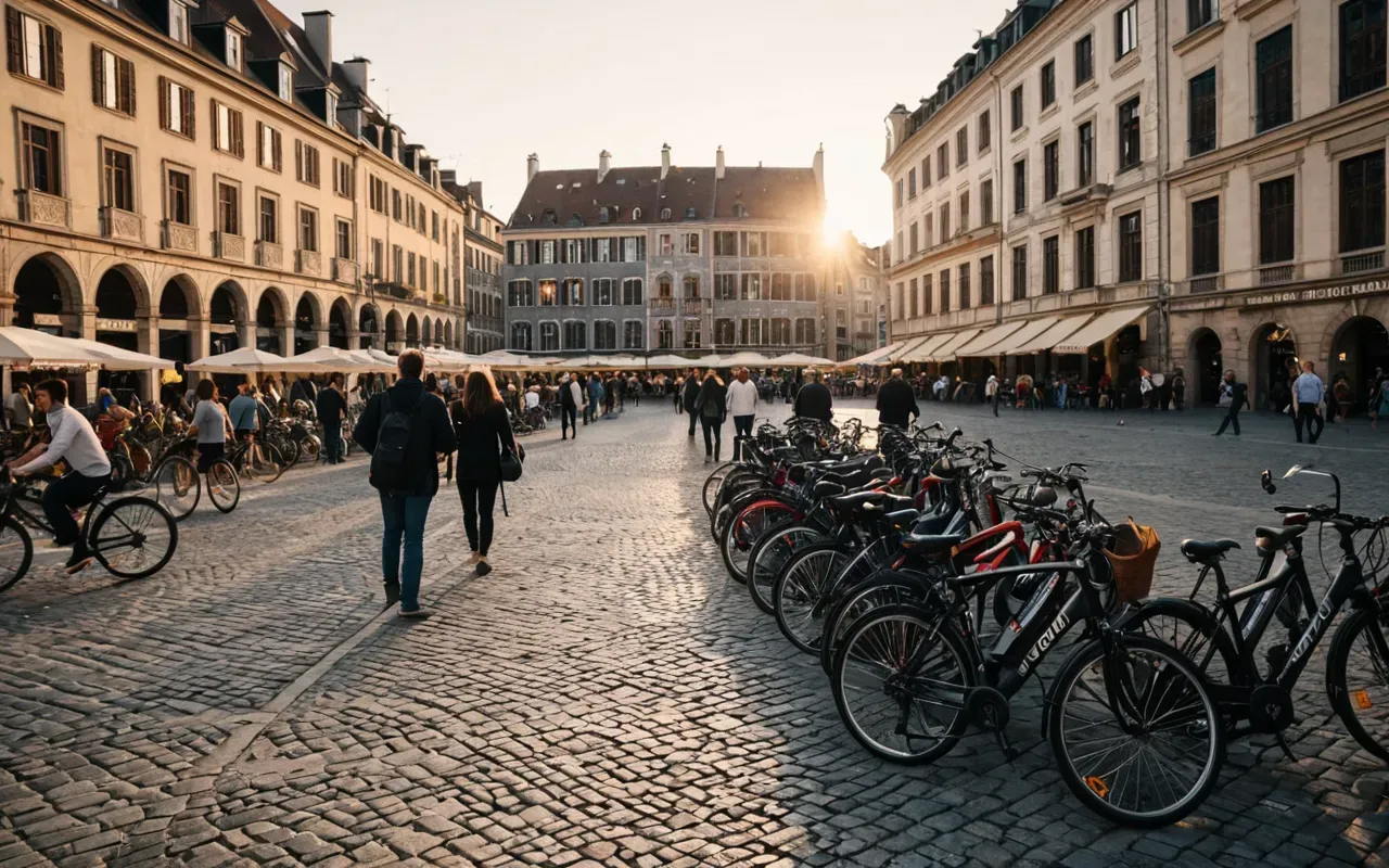 Wide editorial photograph of a crowded European city square at golden hour with tourists and bicycles parked along the stone sidewalk