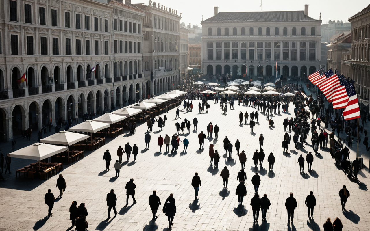 Wide editorial photograph of a modern city square with diverse crowds walking, soft morning light, neutral tones, no text visible