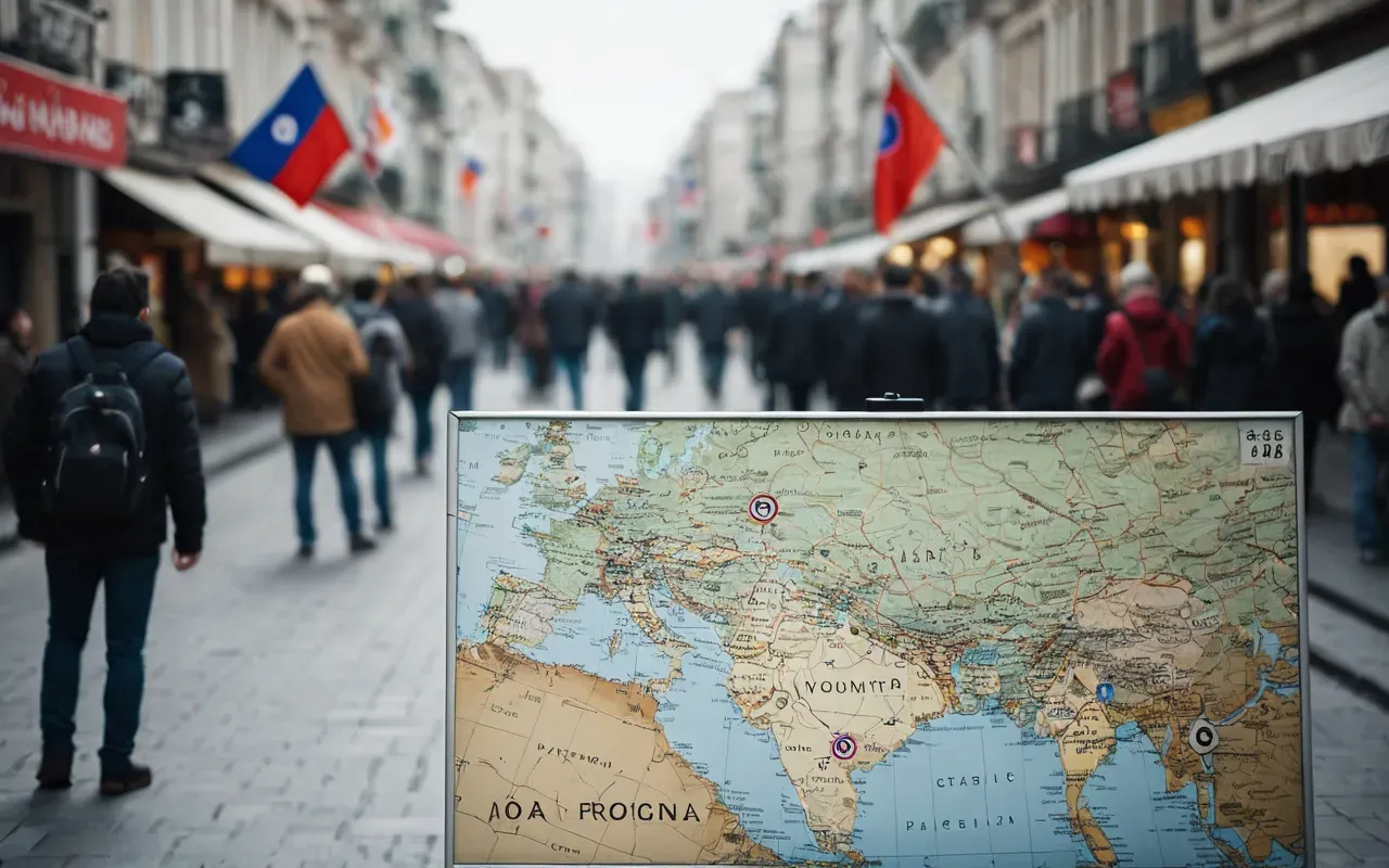 Wide editorial photograph of a modern city street with blurred crowds and a single focused traveler looking at a map in soft daylight