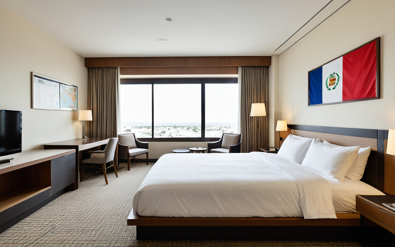 Wide shot of a minimalist modern hotel room interior with a neatly made bed, neutral color palette, large windows with soft daylight, clean editorial photography style