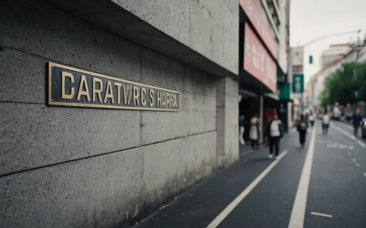 sustainable travel strategies Wide shot of a modern city street with blurred pedestrians, soft focus on a clean concrete wall in the foreground, urban atmosphere, natural daylight, editorial photography