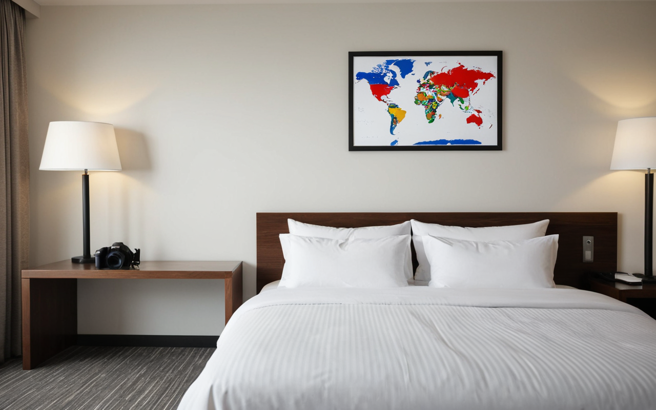 Wide shot of a modern minimalist hotel room interior with white linens, neutral walls, and a generic piece of abstract art, soft artificial lighting, editorial photography