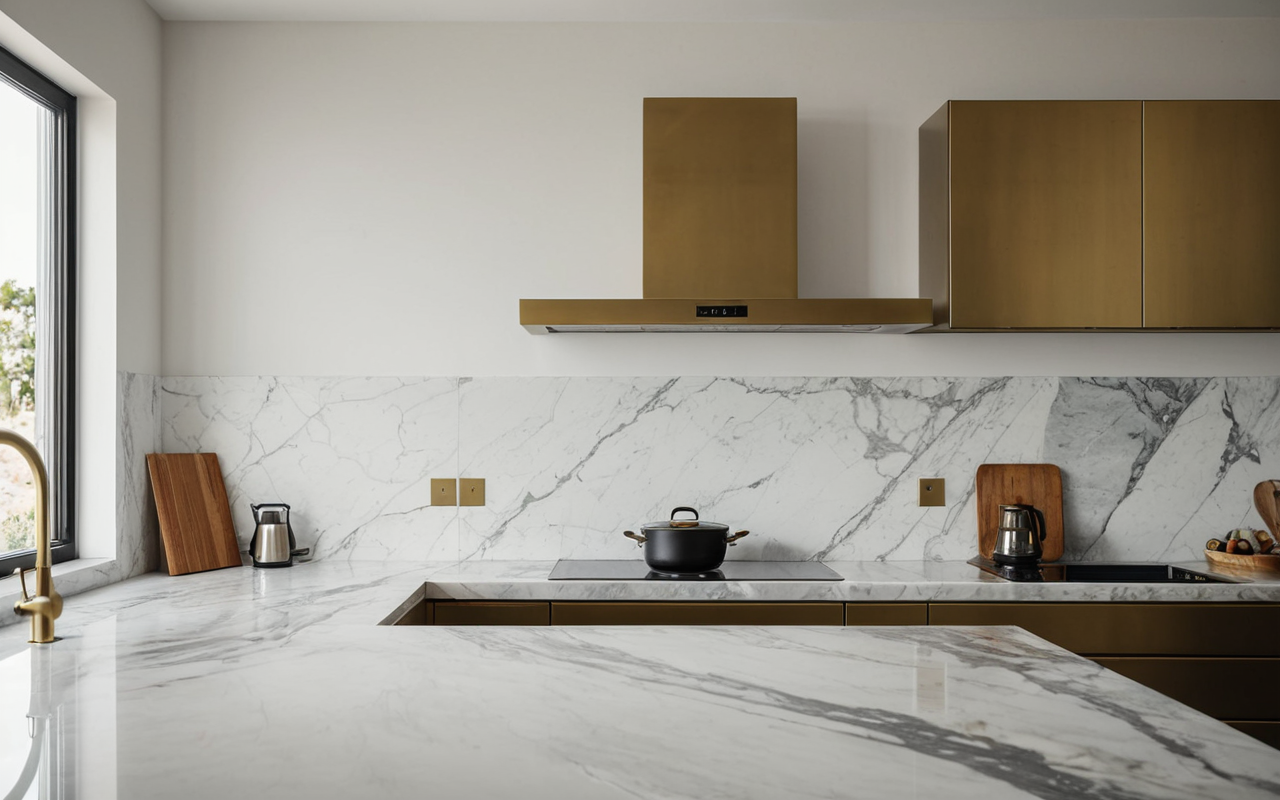 Wide shot of a modern minimalist kitchen interior with marble countertops, brushed brass fixtures, soft natural daylight, editorial photography