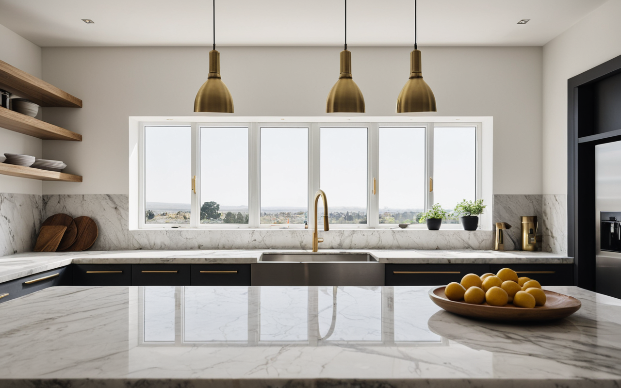 Wide shot of a modern minimalist kitchen interior with marble countertops, brushed brass fixtures, soft natural daylight, editorial photography