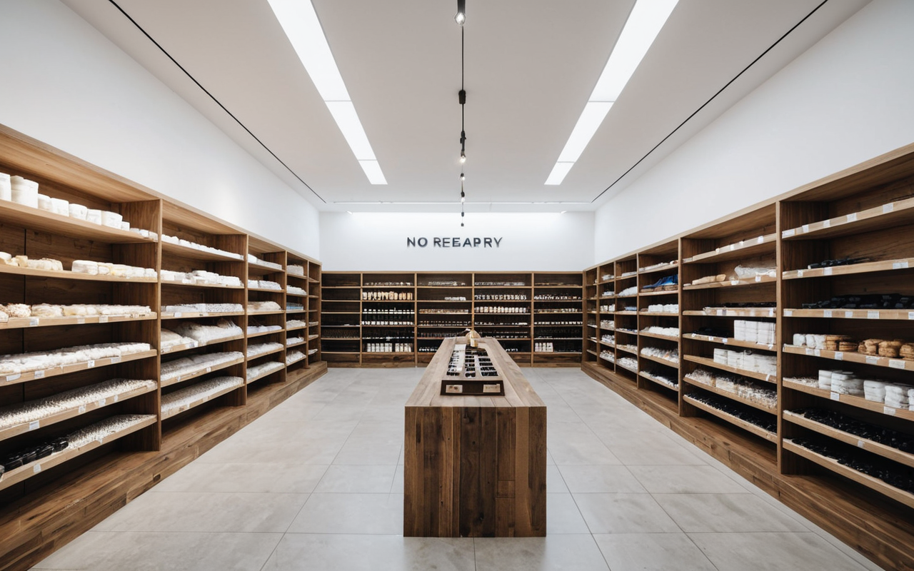 Wide shot of a modern minimalist retail space with clean white walls, wooden display shelves, and soft overhead lighting, editorial photography style