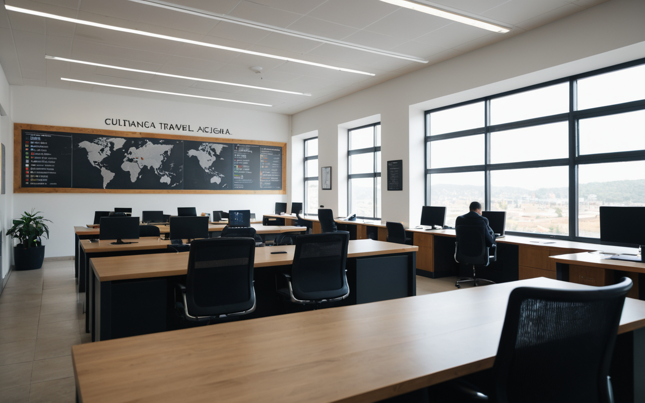 Wide shot of a modern minimalist travel agency interior with clean desks and large windows, soft natural daylight, editorial photography