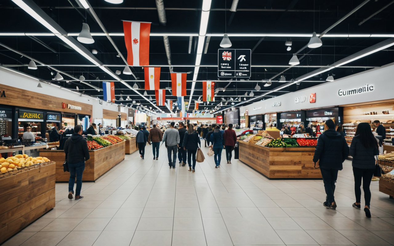 Wide shot of a modern retail space with diverse shoppers interacting with staff, bright lighting, clean lines, and a focus on community engagement