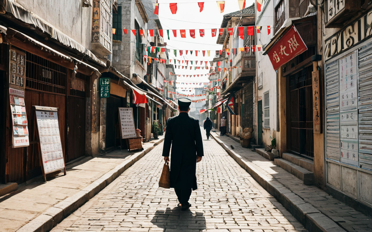 Wide shot of a person walking confidently down a quiet urban street lined with modern buildings, soft morning light, realistic photography style