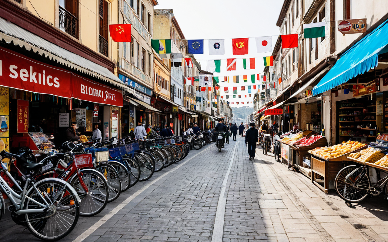 Wide shot of a vibrant urban street scene with local shops, pedestrians walking, bicycles parked, and soft natural daylight, realistic photography style