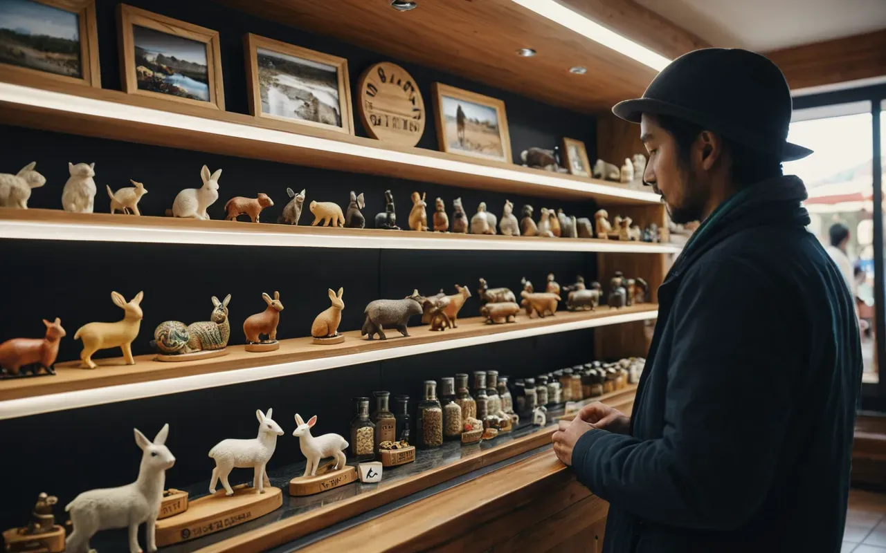 A bright modern souvenir shop interior with wooden display shelves holding various small animal figurines and trinkets. A person is browsing items near a checkout counter where cash registers sit under warm overhead lighting.