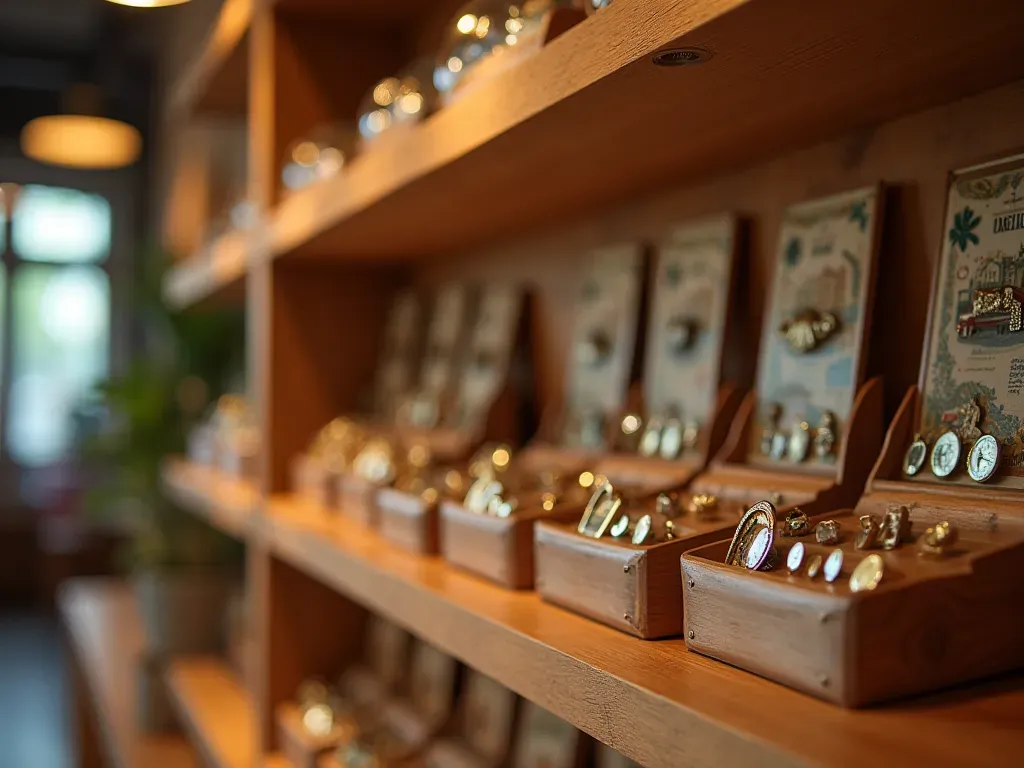 A bright modern travel boutique interior with wooden shelves holding small metal pins and glass display boxes arranged neatly under warm overhead lighting.