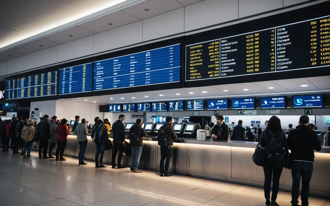 A busy airline check in counter with several people waiting in a line under bright fluorescent lighting and modern digital display screens showing flight status updates.