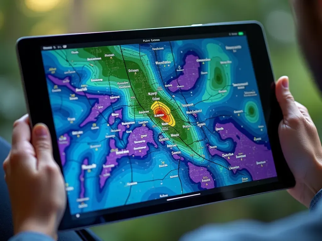 A close-up of a digital tablet screen displaying a colorful radar map with blue and purple areas indicating heavy rainfall over a city grid layout held by hands in a dimly lit room