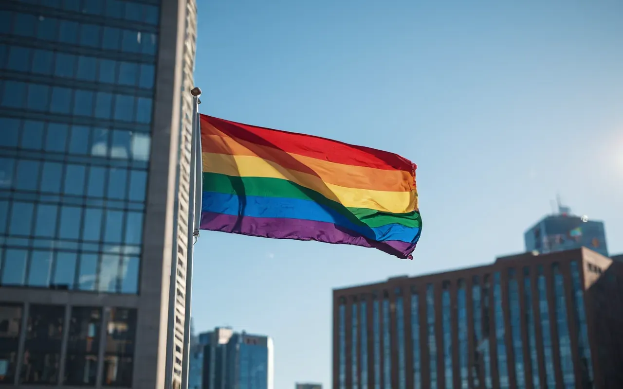A close-up of a rainbow flag waving gently in the wind against a clear blue sky. In the blurred background modern city buildings stand tall while sunlight creates soft lens flares.