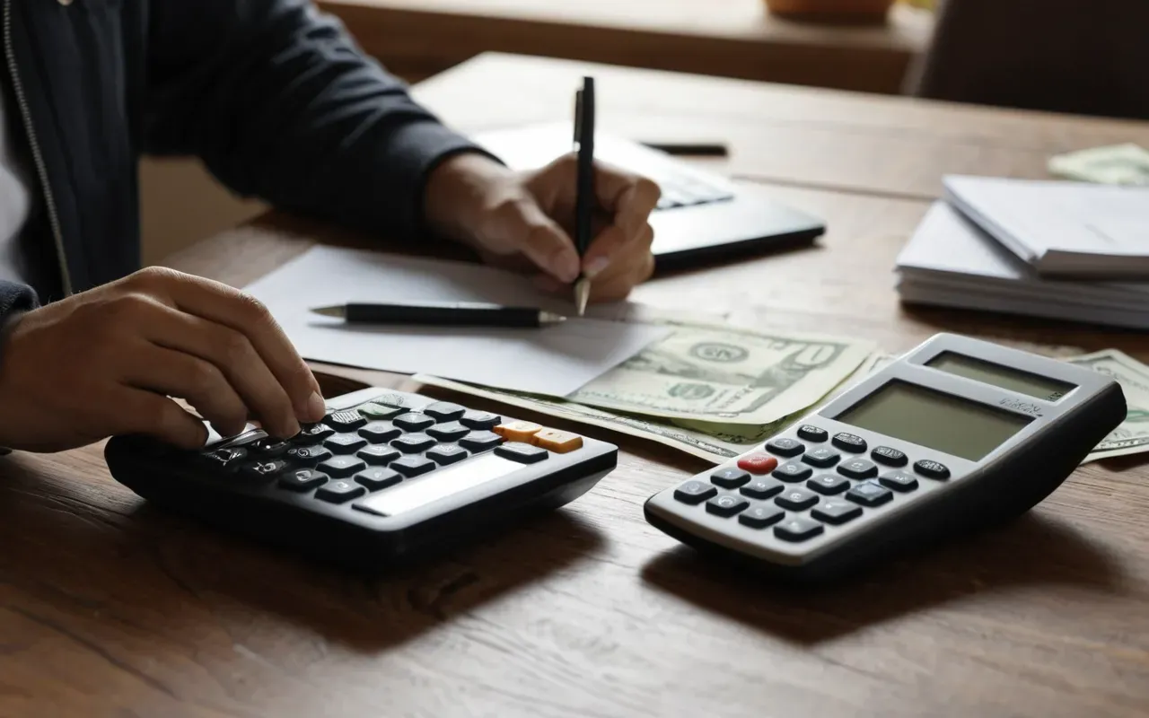 A close up of hands counting paper banknotes on a wooden table next to a calculator and a pen in soft natural light.