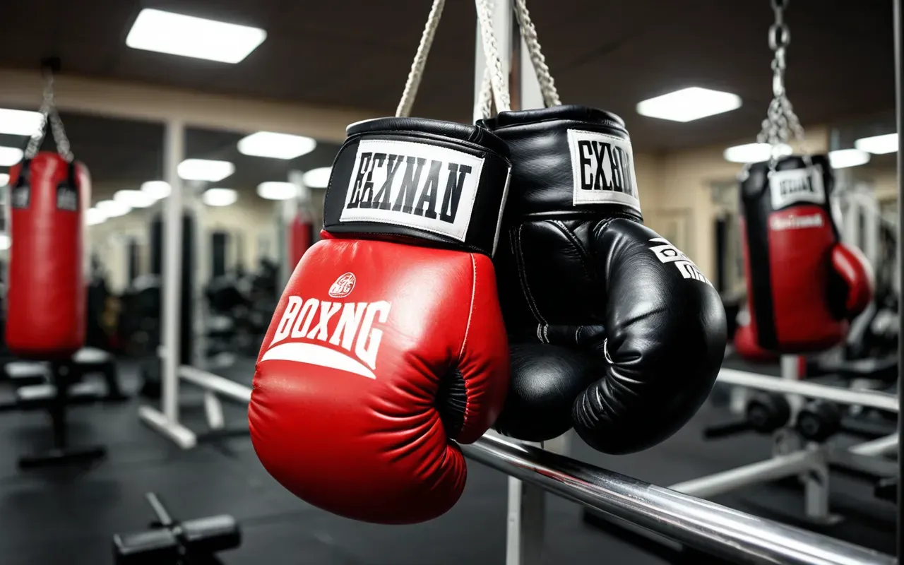 A close up of heavy boxing gloves wrapped in tape. The background shows a blurred gym environment with mirrors and weights.