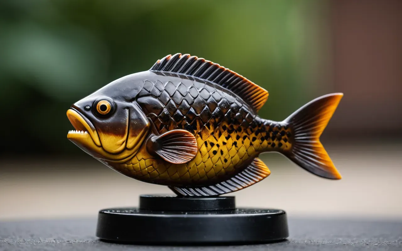 A close-up photo of a detailed brown piranha figurine with sharp white teeth sitting on a small black plastic base. The background is softly blurred showing colorful indoor lighting and wooden shelves typical of a souvenir shop interior.