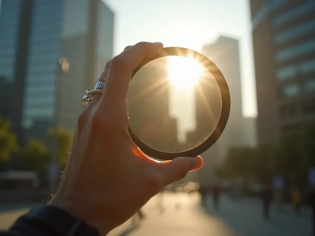 A close-up photo of a hand holding dark improvised solar filter material against bright sunlight in an urban outdoor setting with blurred modern buildings in background showing dangerous DIY eclipse viewing attempt without text overlays.