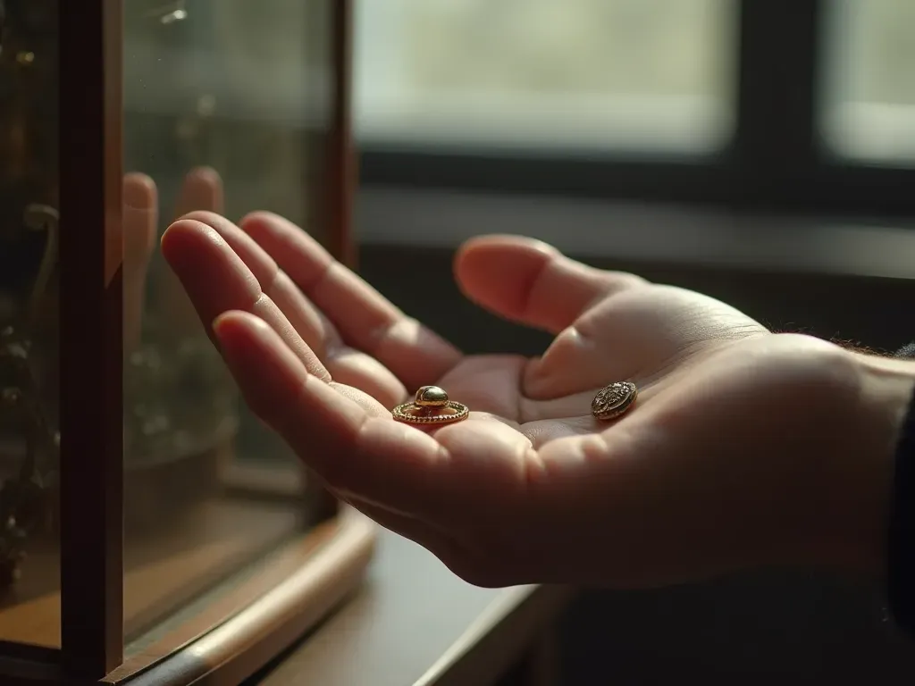 A close-up photo showing a small polished tin badge resting on an open hand next to a simple glass display case in soft natural light from a nearby window.