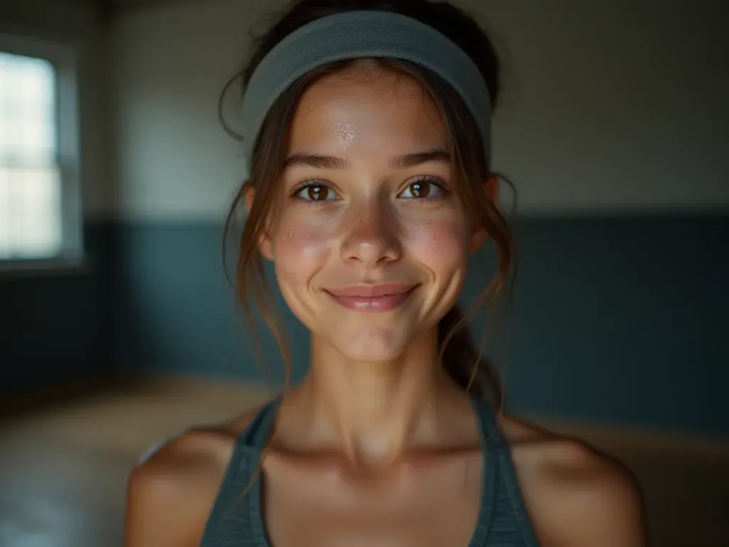 A close-up portrait of a young female dancer with focused eyes and sweat on her forehead wearing athletic headband and loose sports clothing in a dimly lit practice studio with mirrors reflecting her movements.