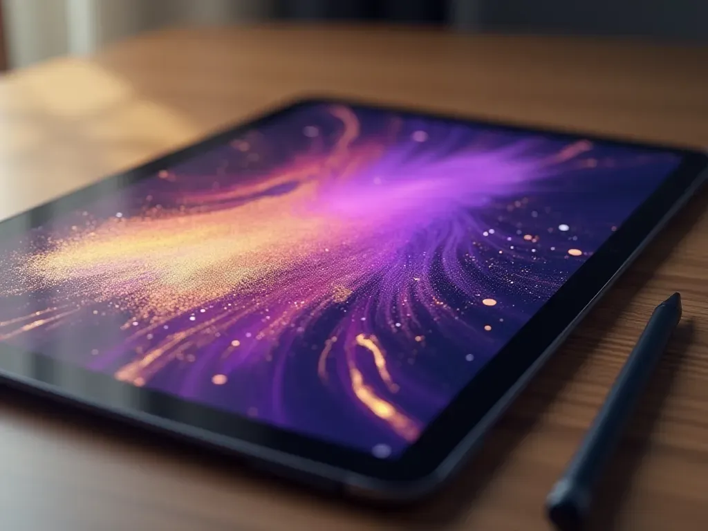 A close-up view of a digital tablet screen displaying vibrant abstract brush strokes in deep purple and gold tones. A stylus rests on the edge of the device near a small wooden desk lamp casting warm light across the surface.