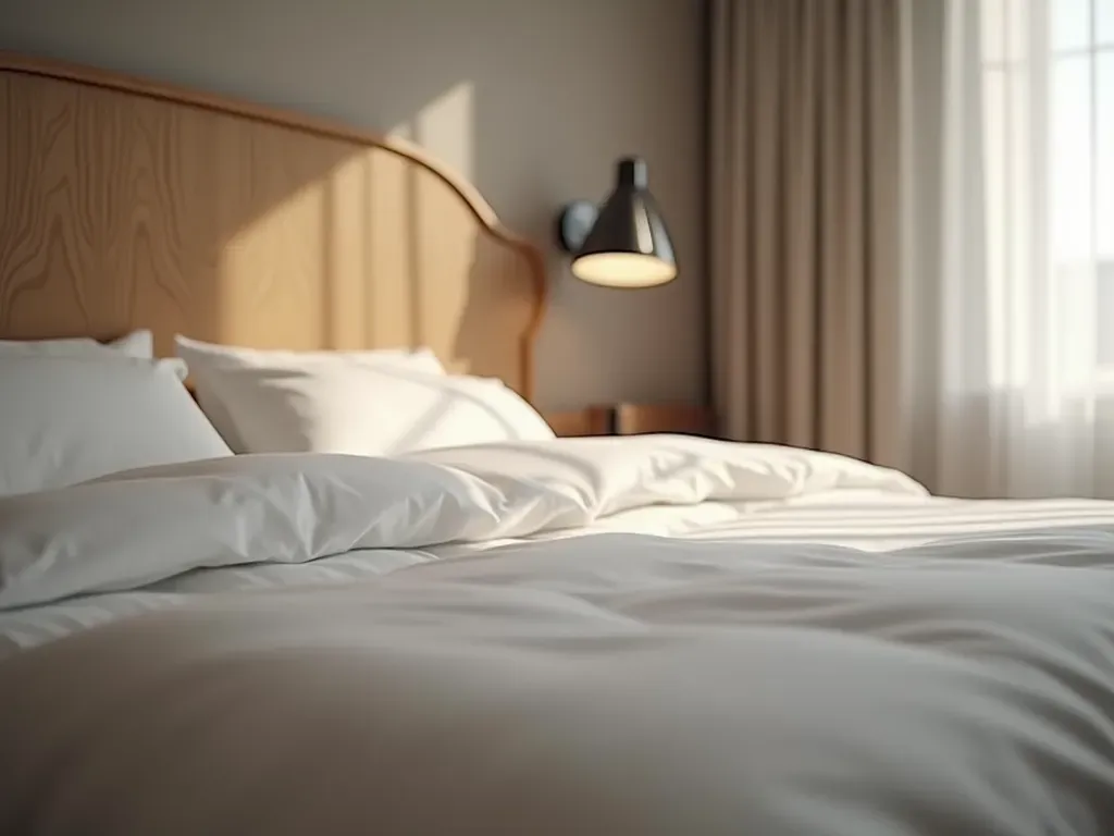 modern hotel room interior A close up view of a modern hotel room with a neatly made bed and soft lighting focusing on the clean lines and minimal decor without any visible text or signage.