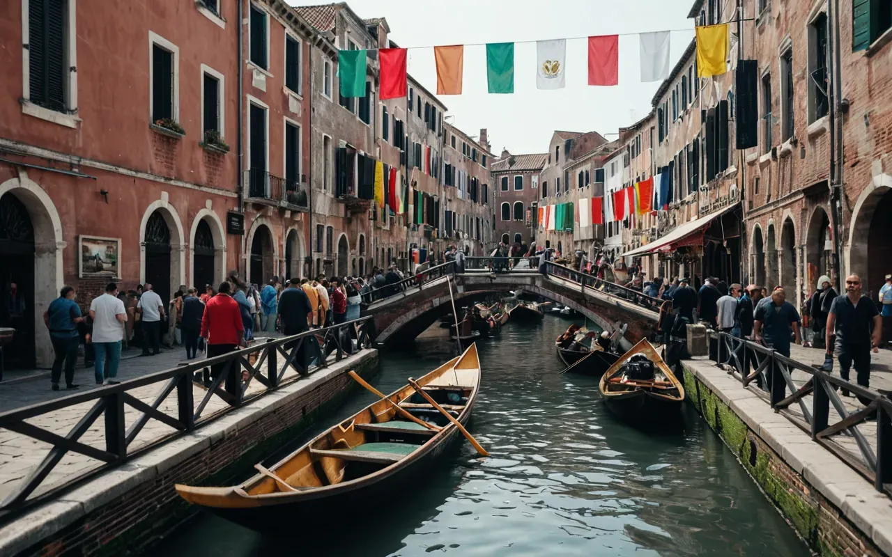 A close-up view of colorful flags waving gently above a crowded canal scene with people smiling and taking photos.