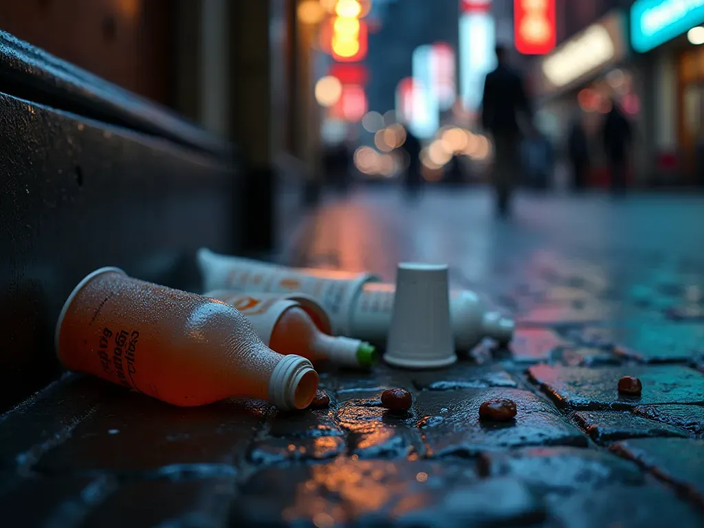 A close up view of plastic cups and discarded bottles scattered on a wet stone pavement near a busy street corner at night with blurred neon lights in the background.