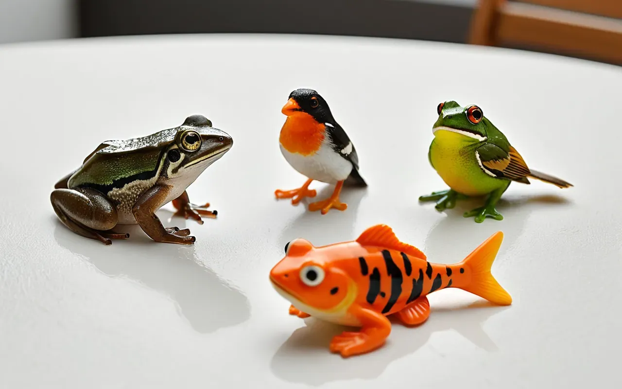 A collection of three different small animal figurines arranged on a clean white table surface. A brown fish is next to a green frog and an orange bird under bright natural daylight from a nearby window.
