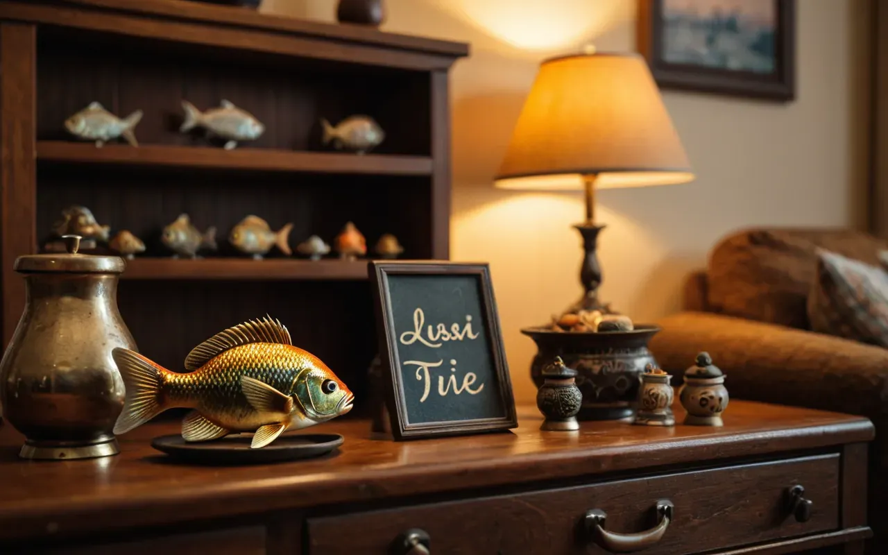 A cozy evening scene in a family living room with soft lamp light illuminating a shelf full of small travel figurines. A brown fish statue sits among other colorful toys near a window showing dark blue twilight outside.