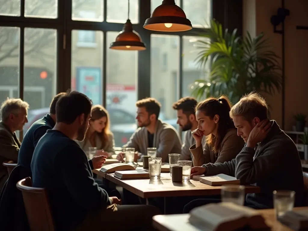 A cozy indoor cafe scene with natural light streaming through large windows showing diverse patrons sitting at wooden tables reading books and talking quietly.