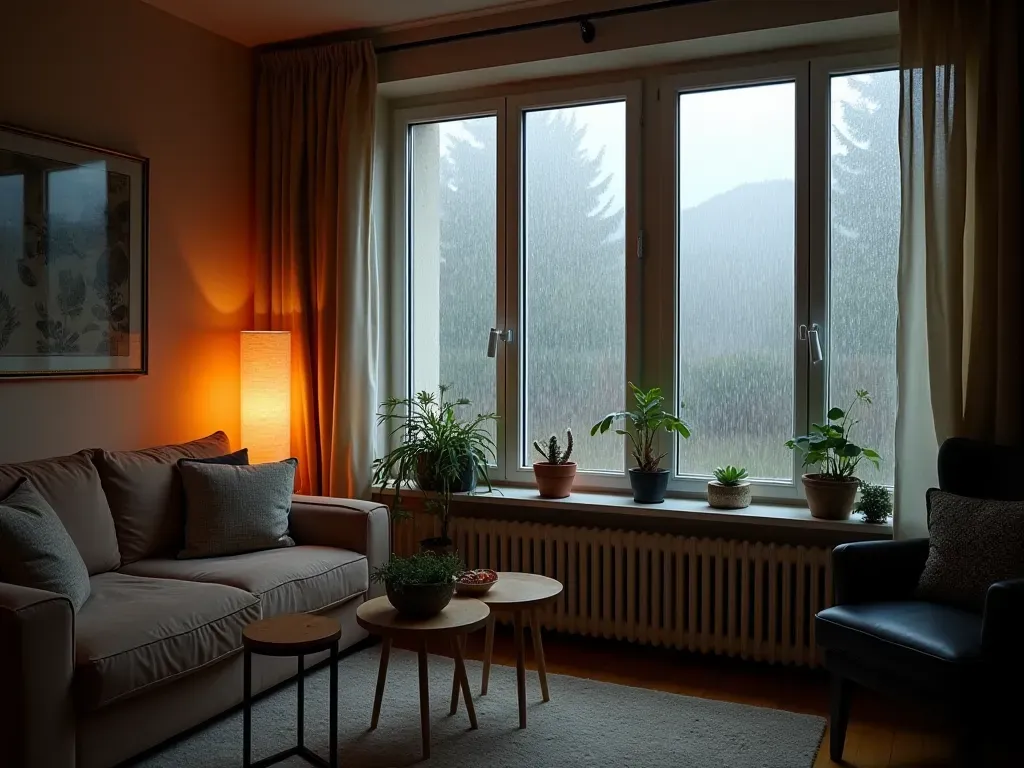 A cozy interior shot of a modern European apartment living room with large windows showing rain streaking down the glass outside, warm lighting inside contrasting with grey stormy weather outdoors