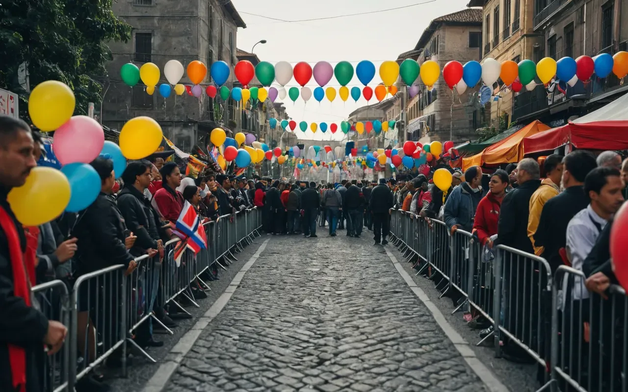A crowded street festival with colorful balloons and flags in the background. In the foreground, heavy concrete barriers block a road entrance while uniformed security officers stand watchfully among the crowd.