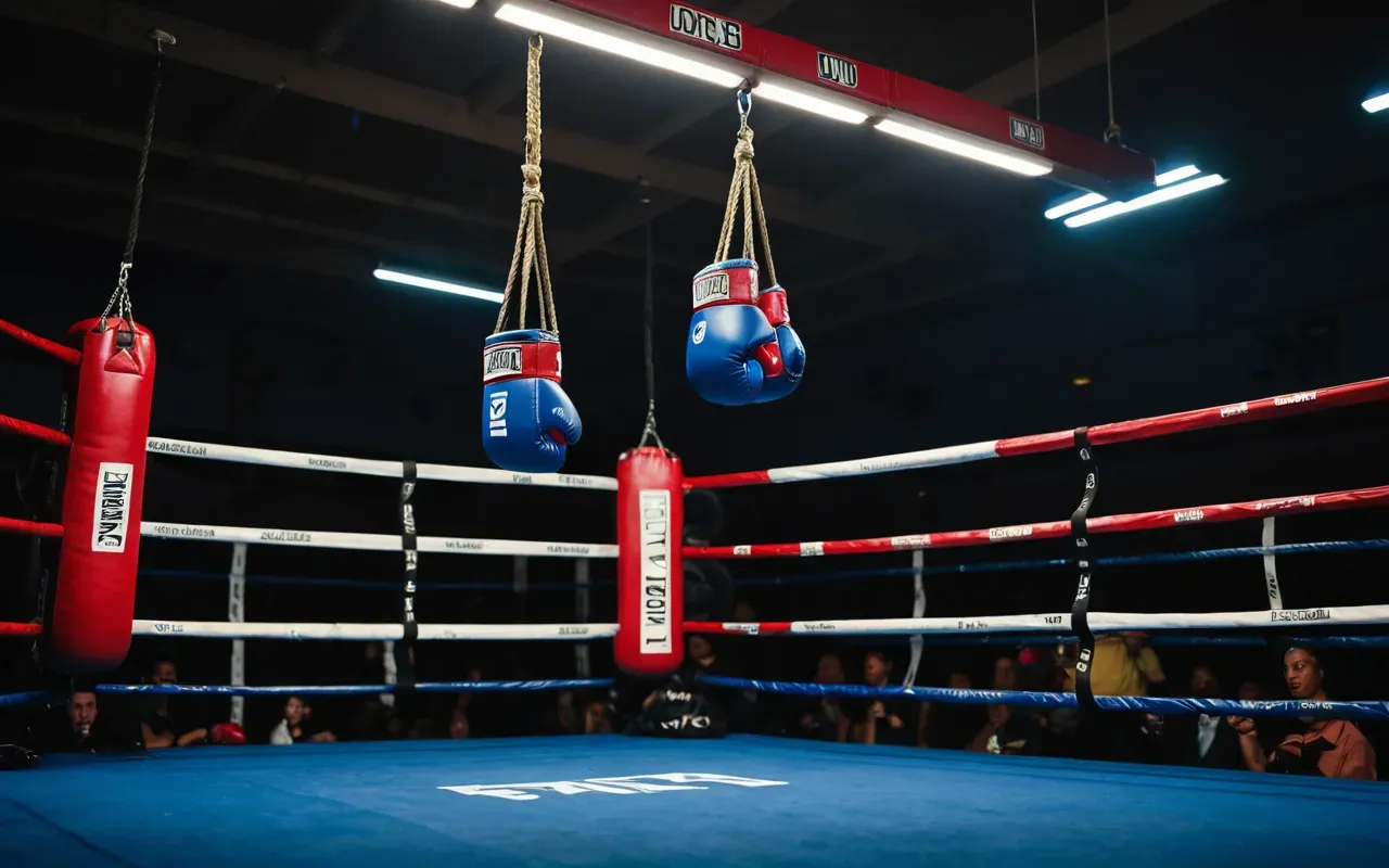 A dimly lit boxing ring with red and blue corners under bright overhead lights. Two heavy gloves hang from a rope in the foreground.