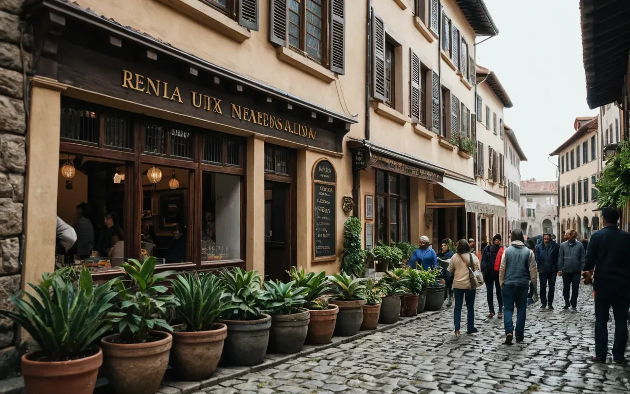 A diverse group of adults and children standing on a cobblestone street looking up at a charming two-story building with large windows and potted plants.