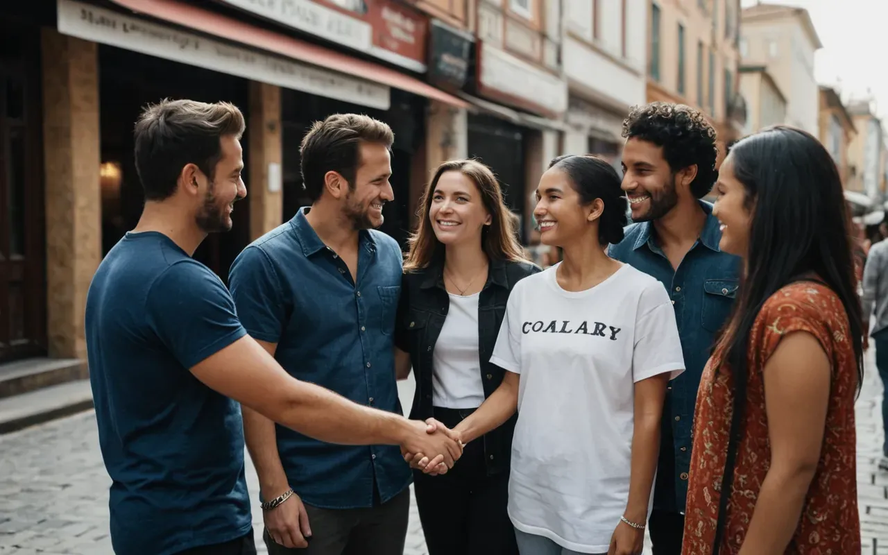 A diverse group of friends standing together in an urban square holding hands. They are smiling warmly at each other while looking away from the camera. The background shows modern city architecture and soft daylight.