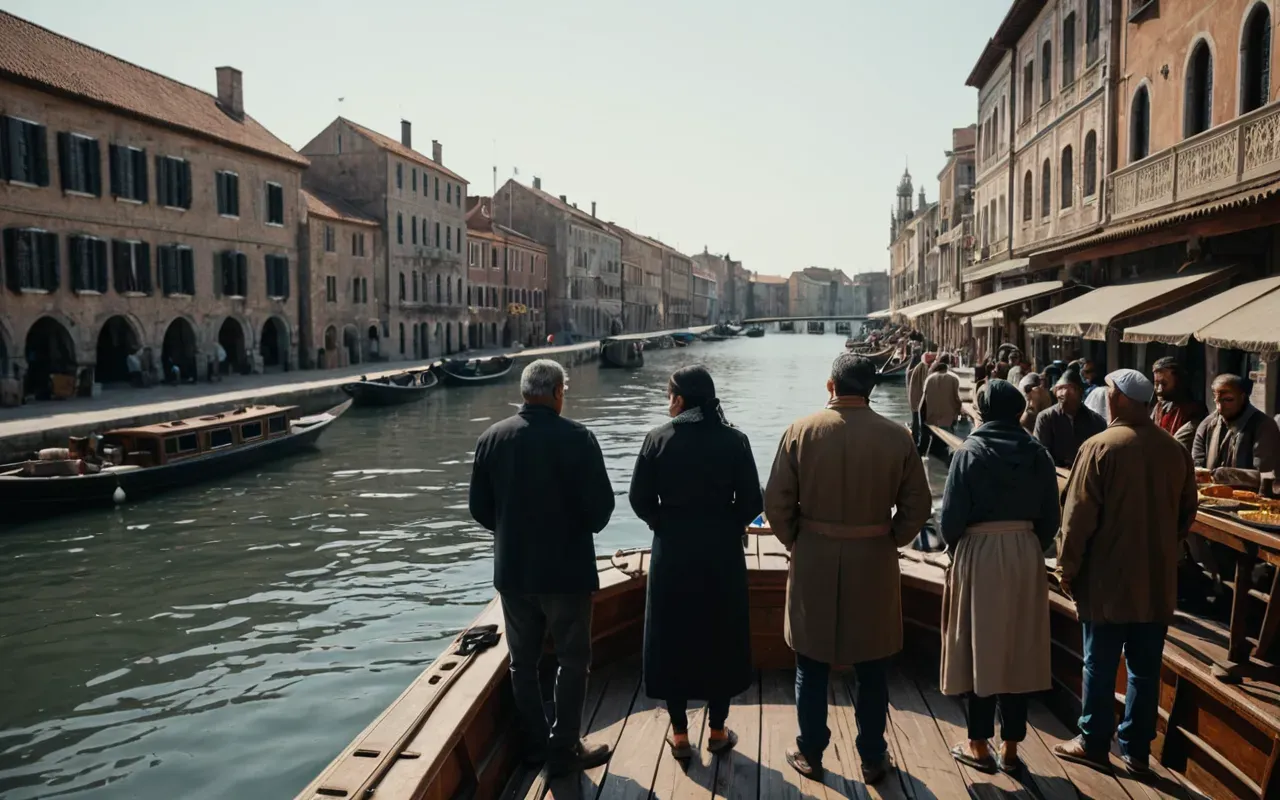 A diverse group of people standing together on a boat deck looking out over calm water channels between historic buildings.