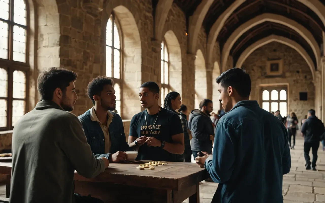 A diverse group of young adults engaged in an animated discussion inside a large historic stone hall with high arched windows and warm natural lighting streaming through