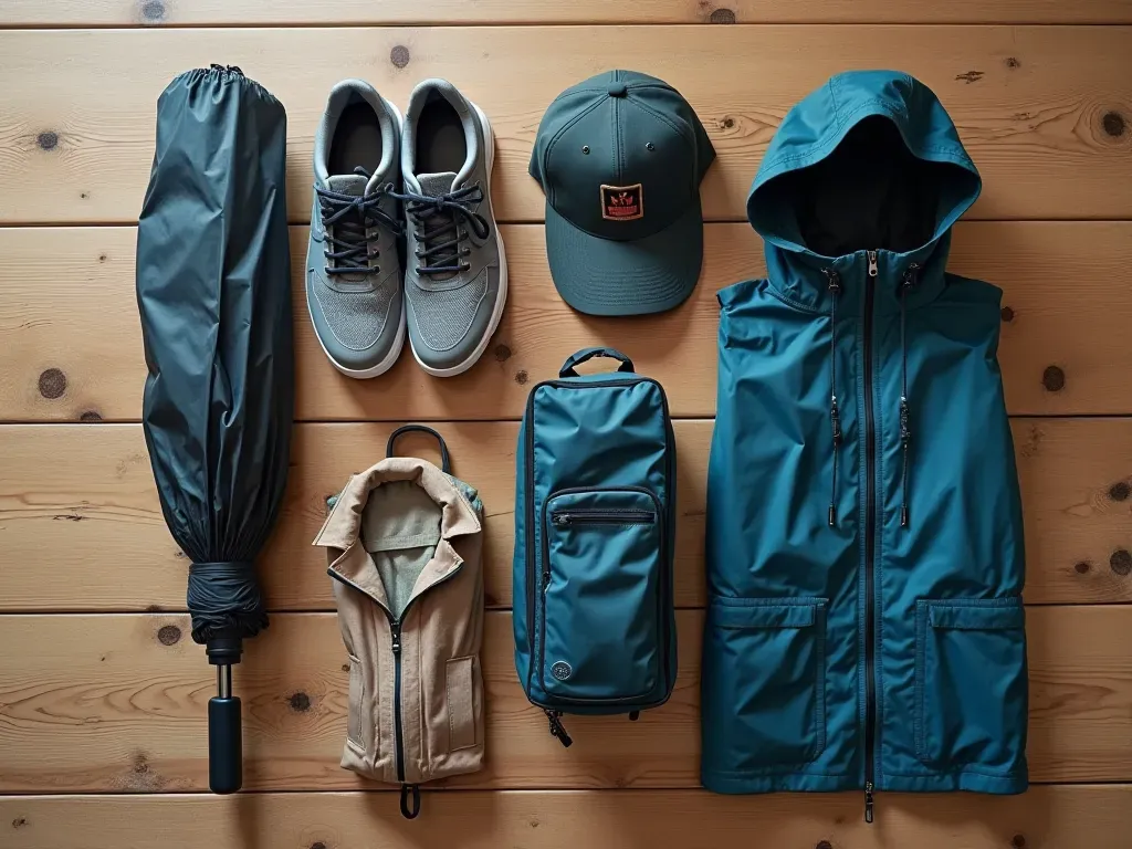 A flat lay arrangement of travel essentials including a folded compact umbrella waterproof sneakers and a lightweight windbreaker on a clean wooden surface with soft natural lighting from above