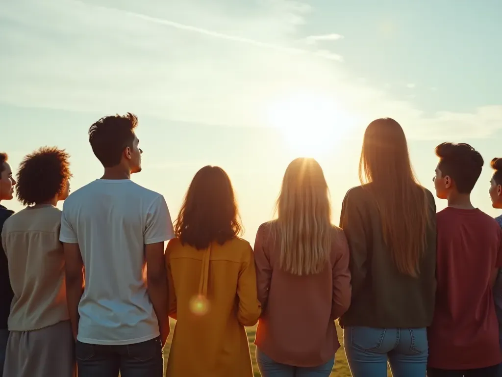 A group of diverse people in casual modern clothing standing together outdoors looking up at bright sky using safe indirect projection method with cardboard cutouts showing shadow patterns on ground.