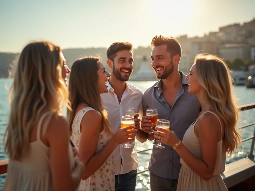 boat party friends A group of friends standing on a boat deck laughing and holding drinks, with a blurred cityscape background, bright daylight, and a sense of joy and connection.