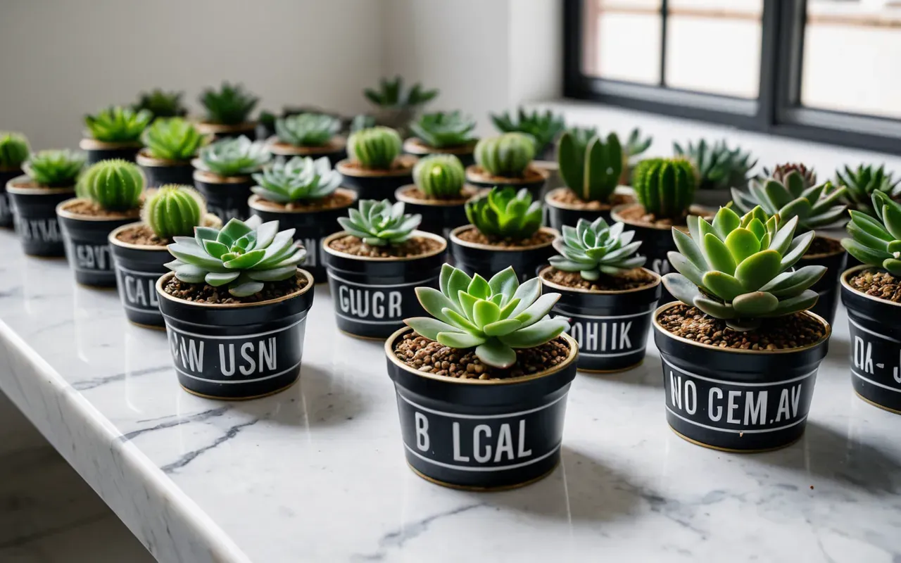A group of small painted tin pots containing green succulents arranged on a white marble table with soft natural light.