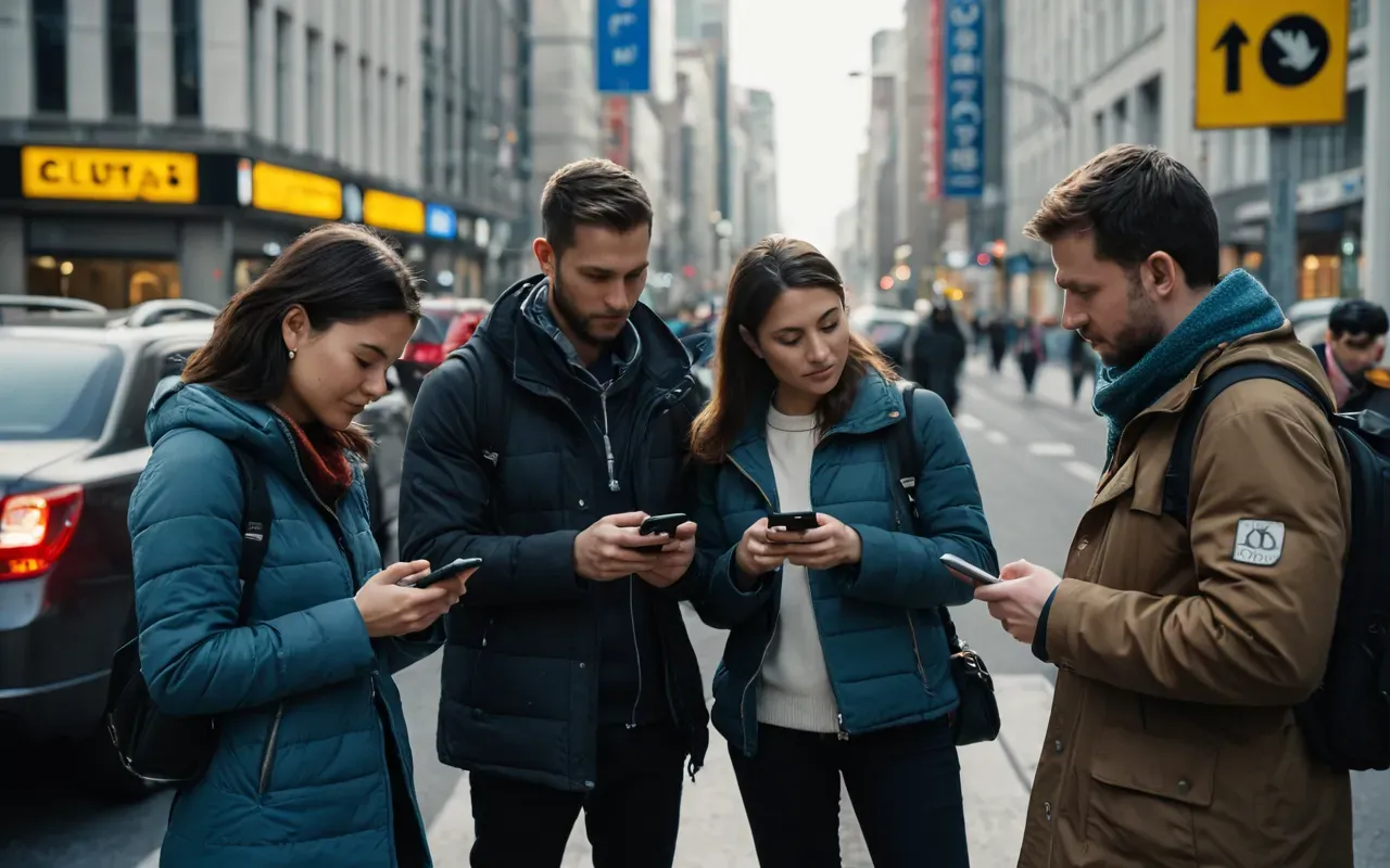 A group of travelers standing at a crossroads in a modern city looking at their phones to compare options and decide which direction to go next.