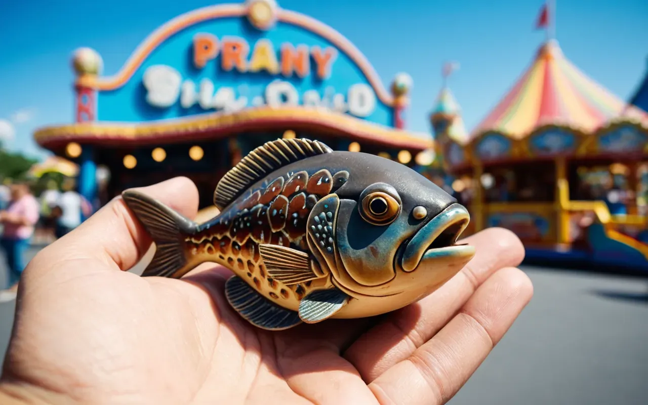A hand holding a small brown piranha figurine in front of a blurred background of colorful theme park rides and bright blue sky. The focus is sharp on the toy while the amusement park structures remain out of focus behind it.