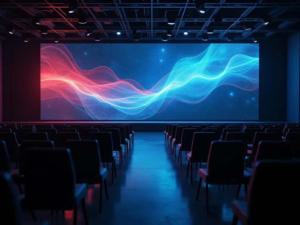 A high-angle view of a modern conference hall with rows of empty chairs facing a large digital screen that displays abstract geometric patterns in blue and red colors while two staff members set up equipment near the stage.