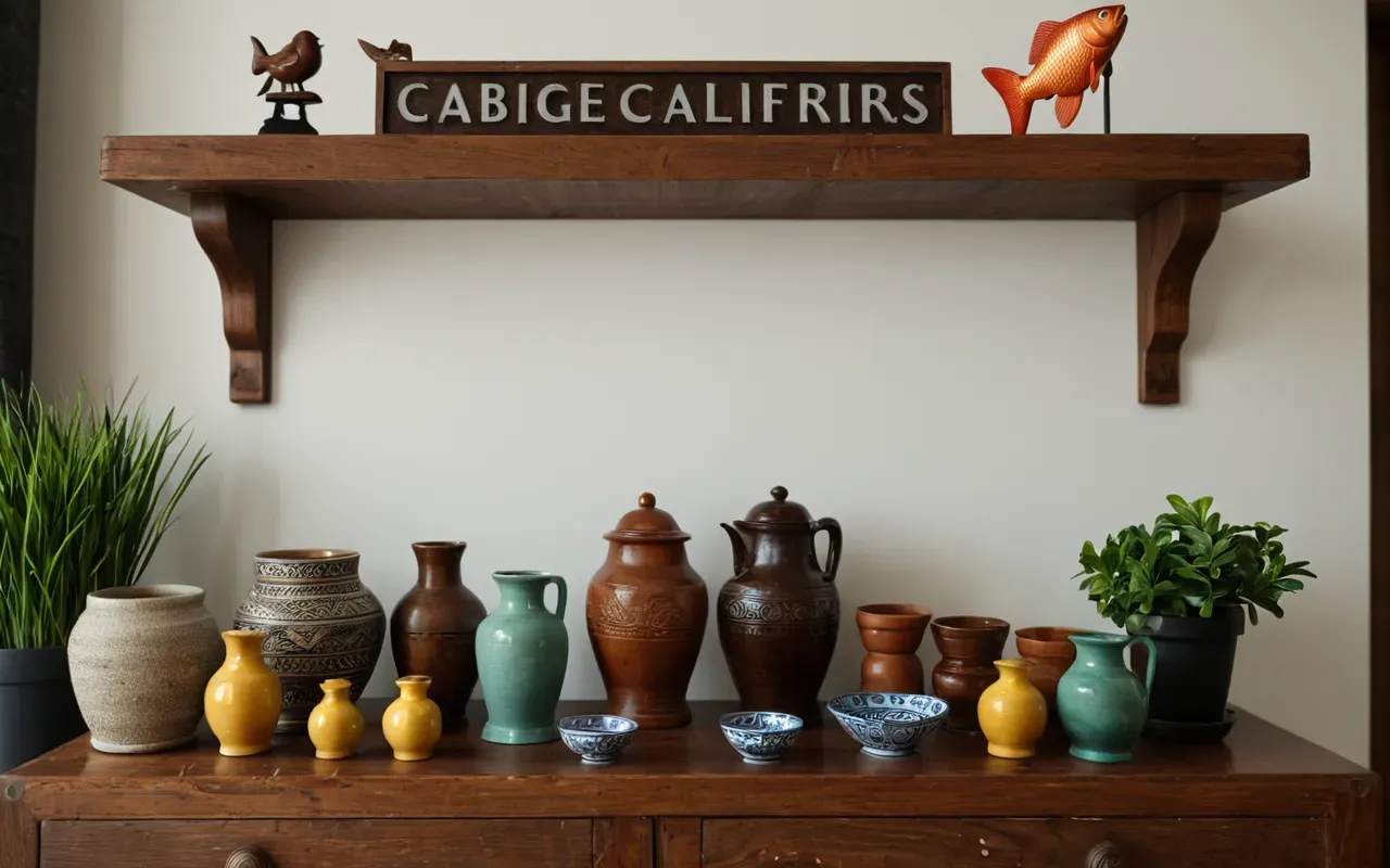 A living room scene showing a wooden shelf with several small colorful figurines arranged neatly. A brown fish statue is central on the shelf next to a potted green plant and a framed photo of children smiling outdoors.