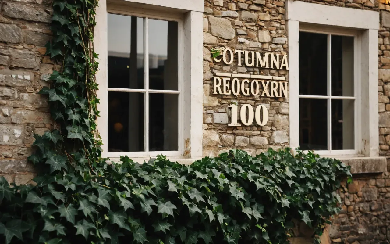 A modern camera capturing the warm golden light streaming through a large window of a historic stone house facade with white frames and ivy climbing the walls during late afternoon.