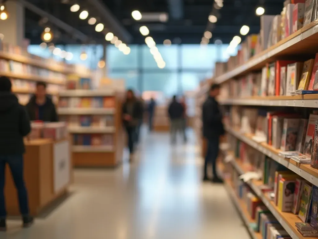 A modern empty retail shelf in a brightly lit bookstore or stationery shop with blurred customers searching for products conveying scarcity and urgency during high demand event without any text labels.