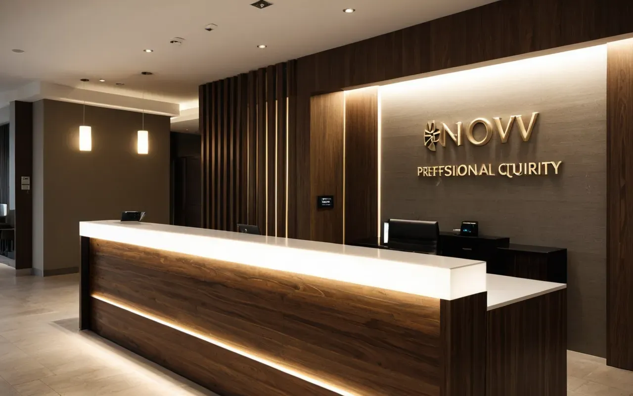 A modern hotel reception desk with clean lines and warm lighting where a guest waits for their key in a quiet lobby setting.