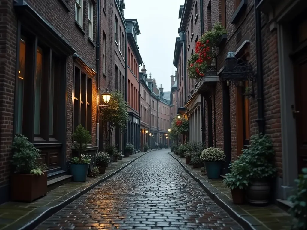 A narrow cobblestone street in a historic European neighborhood with tall brick buildings featuring large windows, soft overcast lighting suggesting impending rain but no active precipitation visible